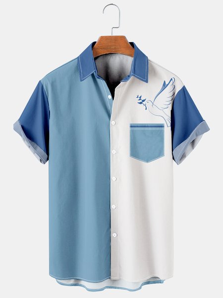 

Mens Peace Print Casual Breathable Short Sleeve Shirt, Blue, Men's Floral shirt