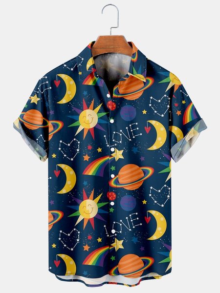 

Men's Rainbow Print Casual Short Sleeve Hawaiian Shirt, Deep blue, Men's Floral shirt