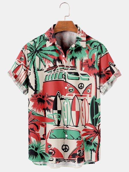 

Men's Coconut Print Casual Short Sleeve Hawaiian Shirt, Red, Men's Floral shirt
