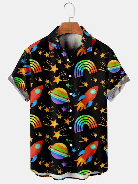 

Men's Rainbow Print Casual Short Sleeve Hawaiian Shirt, Black, Men's Floral shirt