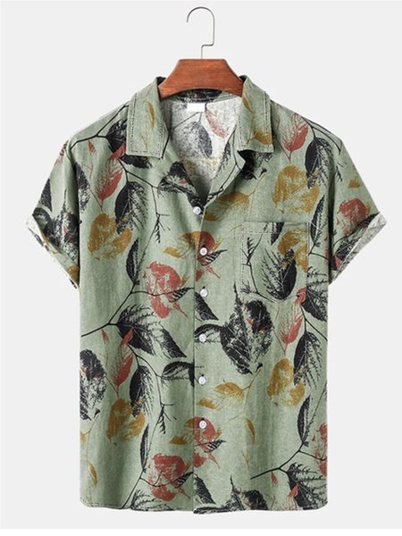 

Cotton Linen Vintage Plant Leaves Multicolor Flower Casual Short Sleeve Shirt, Green, Shirts ＆ Blouse