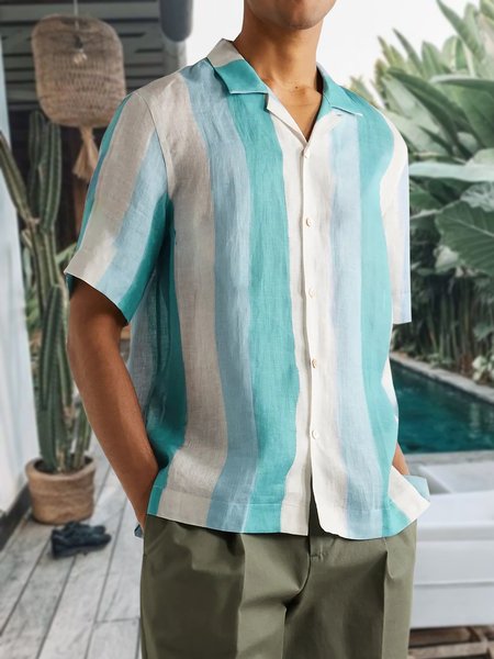

Men's Cotton Linen Striped Short Sleeve Shirt, Blue, Shirts ＆ Blouse
