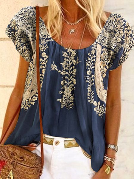 

Loosen Vintage Polka Dots Short Sleeve Tops, Blue, Tops