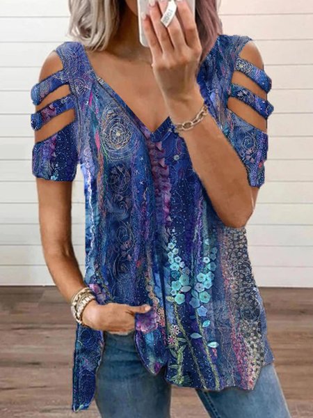 

Casual Loosen Floral Romantic Pastoral V Neck Tunic Short Sleeve T-Shirt, Flower, T-Shirts