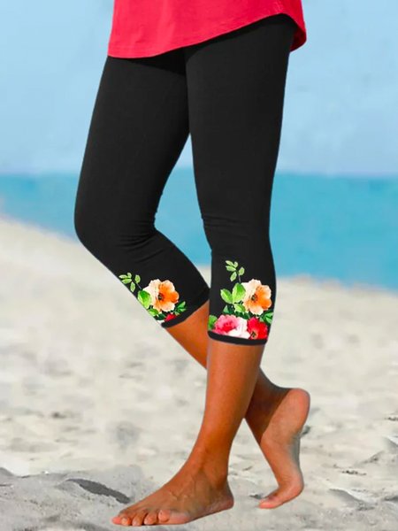 

Floral Elastic Waist Cropped Leggings, Black, Leggings