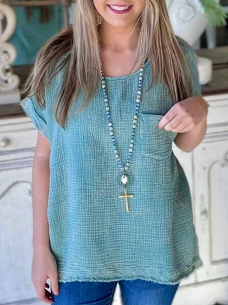

Plain no pattern beach daily vacation foam cotton loose top T-shirt Plus Size, Blue, T-Shirts