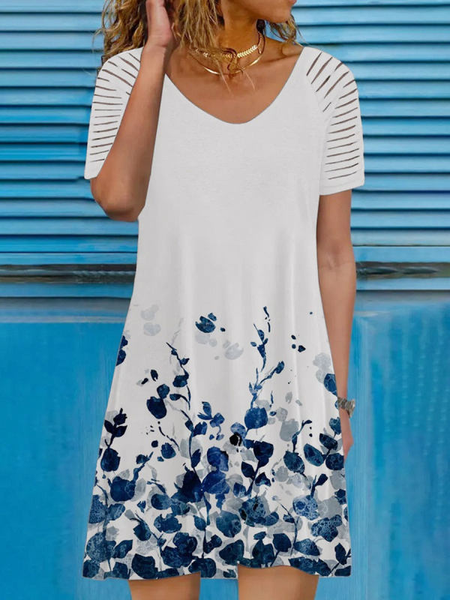 

Floral Crew Neck Casual Short Sleeve Knit Dress, White, Mini Dresses