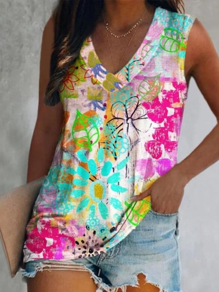 

Casual Sleeveless V Neck Plus Size Printed Tank Top Vests, Multicolor, Tank Top