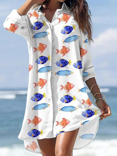 

Buttoned Casual Long Sleeve Woven Dress, White, Mini Dresses