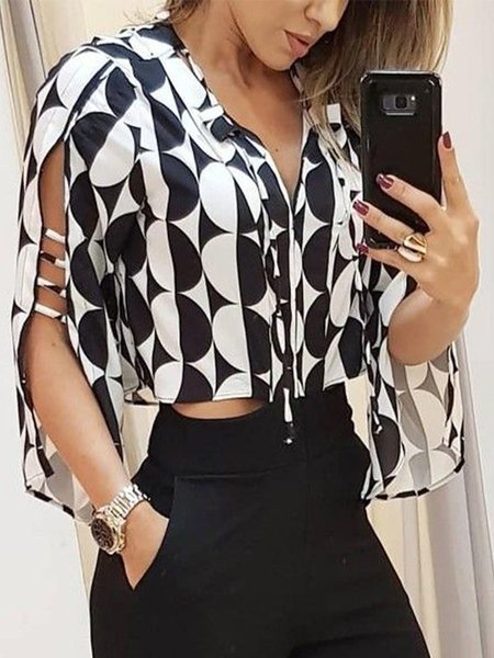 

Geometric Casual Loosen Short Sleeve Tops, White, Tops
