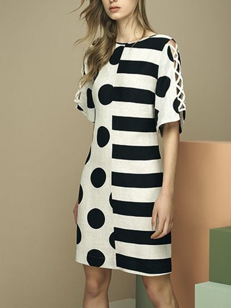 

Geometric Casual Regular Fit Short Sleeve Woven Dress, White, Midi Dresses
