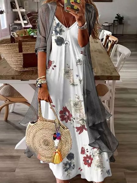 

Floral print suspender dress long linen Tencel slub fabric two piece suit Plus Size, Multicolor, Suit Set