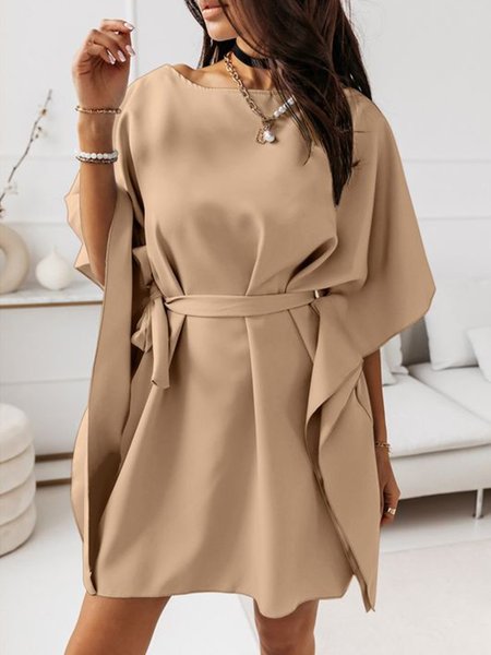 

Shirt Sleeve Loosen Simple Long Sleeve Woven Dress, Khaki, Mini Dresses