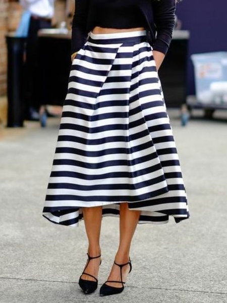 

Summer A LineA Zipper fly Lightweight Striped Elegant Long Skirt, Stripe, Midi Skirts