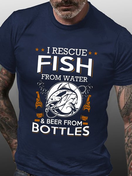 

Men's I Rescue Fish From Water & Beer From Bottles Funny Text Letters T-shirt, Purplish blue, T-shirts