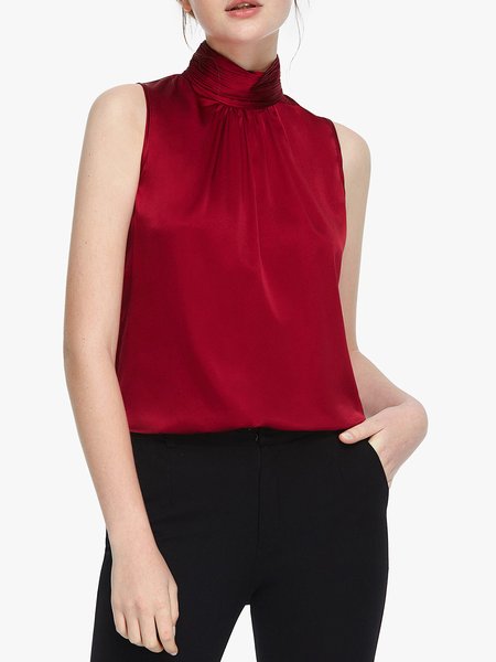 

Regular Fit High Neck Solid Sleeveless Top, Red, Tunics