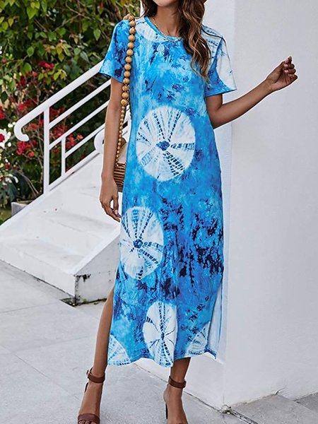 

Casual Tie Dye Printed Round Neck Short Sleeves Slit Maxi Dress, Blue, Dresses