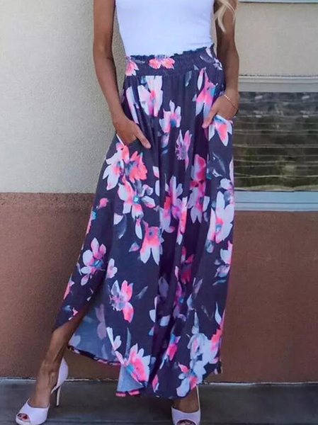 

Print Floral Mid Waist Maxi High-Slit Skirts, Navy blue, Skirts