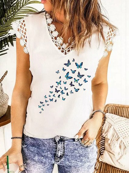 

Lace V Neck Butterfly Casual Short Sleeve Tops, White, Shirts & Blouses