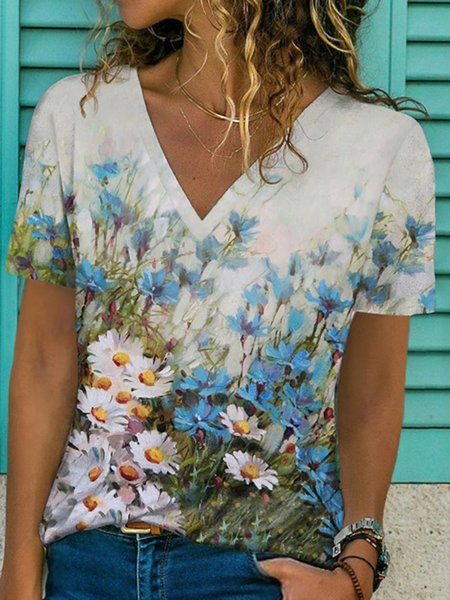 

Floral V Neck Loosen Casual Short Sleeve T-Shirt, Flower, T-Shirts