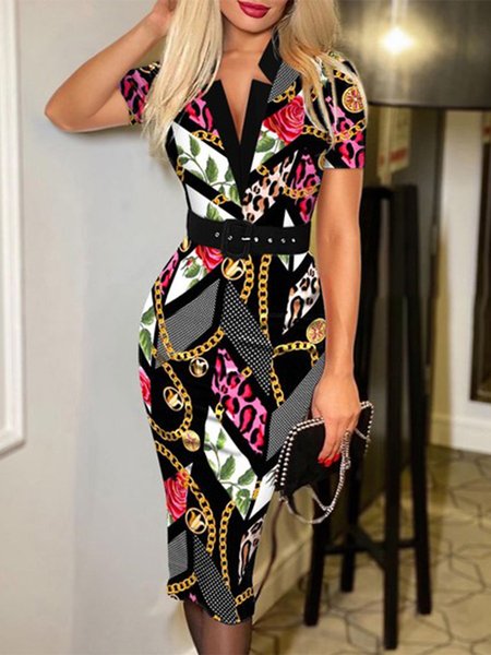 

Skinny Elegant Notched Short Sleeve Knit Dress, Multicolor, Midi Dresses