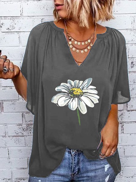 

Floral Short Sleeve Notched Plus Size Casual Tops, Gray, Tops