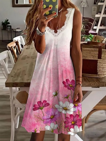 Casual Loosen Lace Short Sleeve Knit Dress, Pink, Dresses