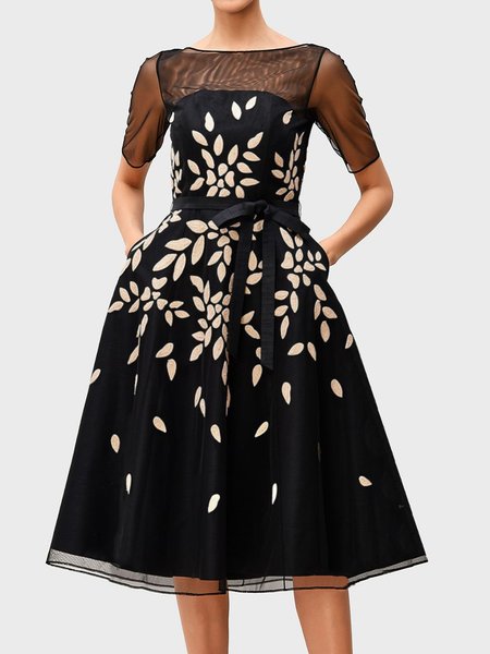 

Regular Fit Leaves Short Sleeve Woven Midi Dress, Black, Midi Dresses