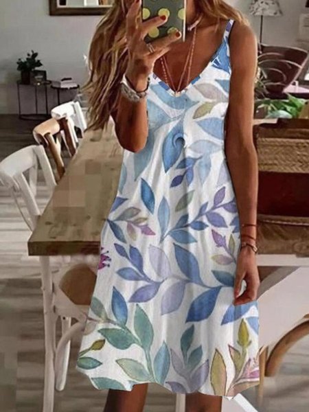 

Casual Leaves Sleeveless V Neck Plus Size Printed Dress, Blue, Mini Dresses