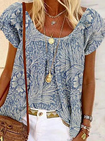 

Casual Vacation Leaves Crew Neck Casual Short Sleeve Tops, Blue, T-Shirts