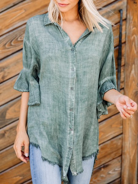 

Flare Sleeve Casual Loosen Shirt Collar Short Sleeve Blouse, Green, Shirts & Blouses
