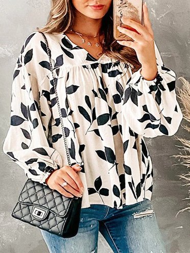 

V Neck Loosen Leaves Long Sleeve Tops, Apricot, Shirts & Blouses