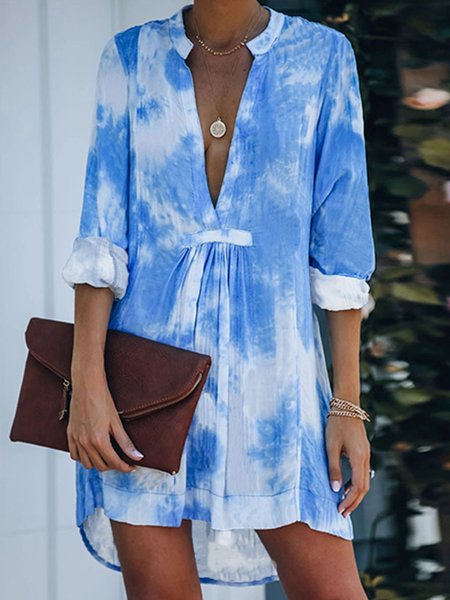 

V Neck Short Sleeve Woven Mini Dress, Blue, Midi Dresses
