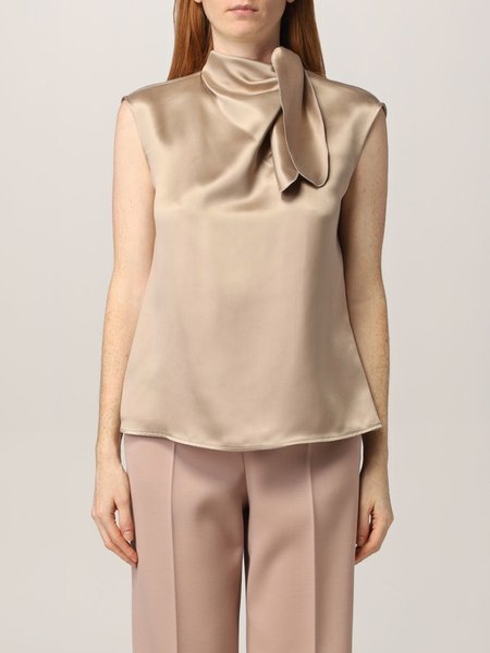 

Summer Slightly stretchy Tie Neck Plain Regular Fit Short Sleeve Tops, Dusty pink, Tunics