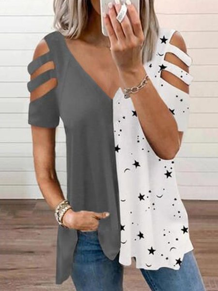 

Star Moon Printed Color Block V Neck Short Sleeve Loosen T-Shirt, Gray, T-Shirts