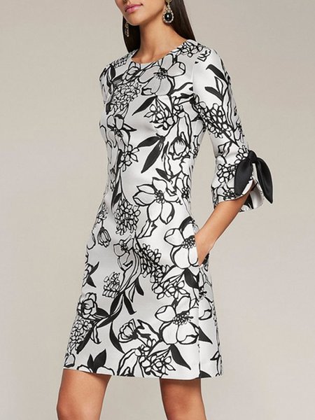 

Elegant Floral Crew Neck Long Sleeve Woven Dress, White, Midi Dresses