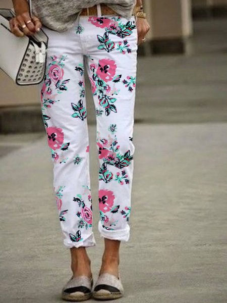 

Loosen Casual Floral Cotton Blends Pants, White, Pants