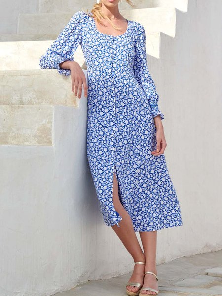 

Cotton Long Sleeve Woven Dress, Blue, Dresses