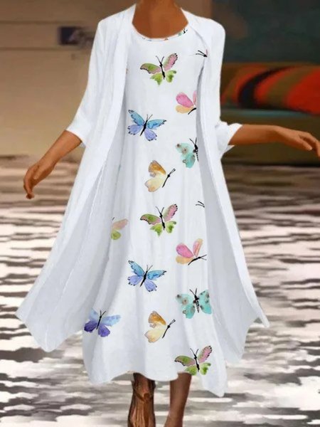 

Casual Butterfly Sleeveless Round Neck Printed Dress With Three Quarter Coats, White, Maxi Dresses