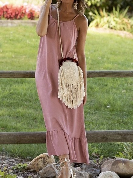 

Spaghetti Regular Fit Boho Short Sleeve Woven Dress, Pink, Summer Dresses