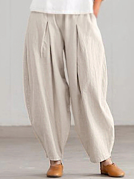 

Casual Plain Cotton Blends Regular Fit Pants, White, Pants