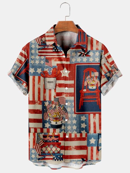 

Men's Flag Print Casual Short Sleeve Hawaiian Shirt, Red, Men's Floral shirt