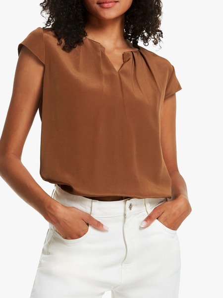 

V Neck Simple Regular Fit Short Sleeve Top, Brown, Tops