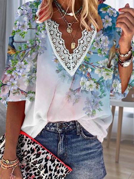 

Vacation Floral Loosen V Neck Short Sleeve Tops, Flower, Tops