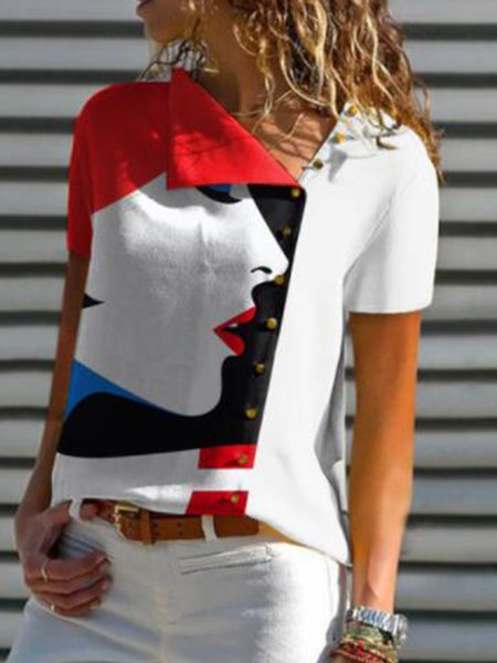 

Lapel Vintage Regular Fit Short Sleeve Tops, Red, Tops
