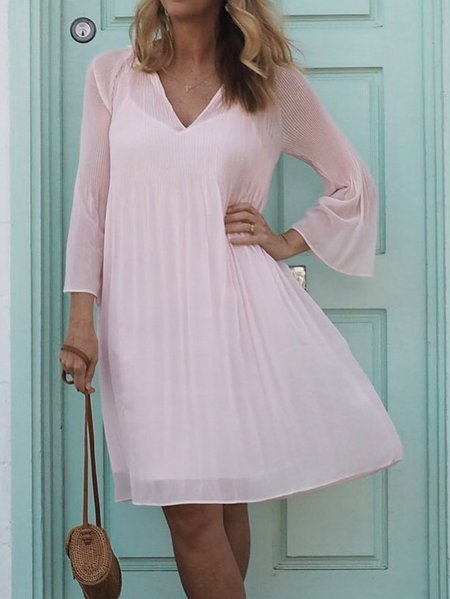 

Vacation V Neck Loosen Short Sleeve Woven Dress, Pink, Summer Dresses