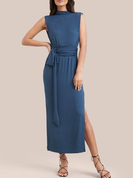 

Stand Collar Knit Dress With Belt, Blue, Maxi Dresses