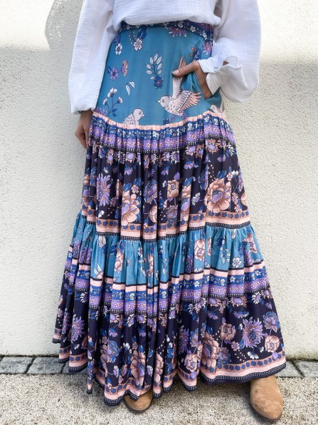 

Vacation Floral Boho Long Skirt, Blue purple, Skirts
