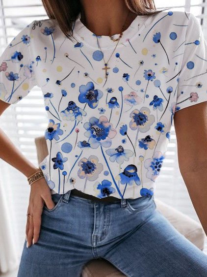 

Casual Crew Neck Floral Printed Short Sleeve T-Shirt, White, T-Shirts