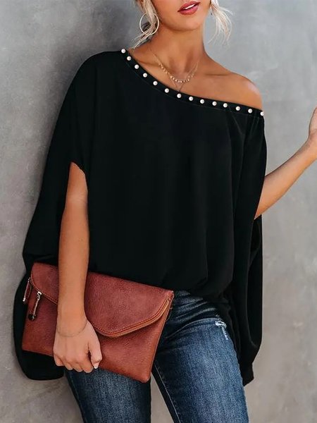 

Elegant Loosen Solid Half Sleeve Top, Black, Tops